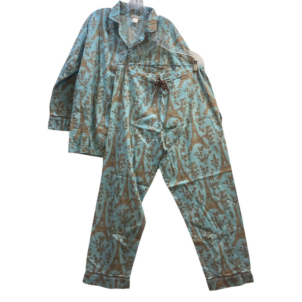 BedHead Pajamas Womens Large Blue Brown Eiffel Tower Paris Cotton PJ Set Large